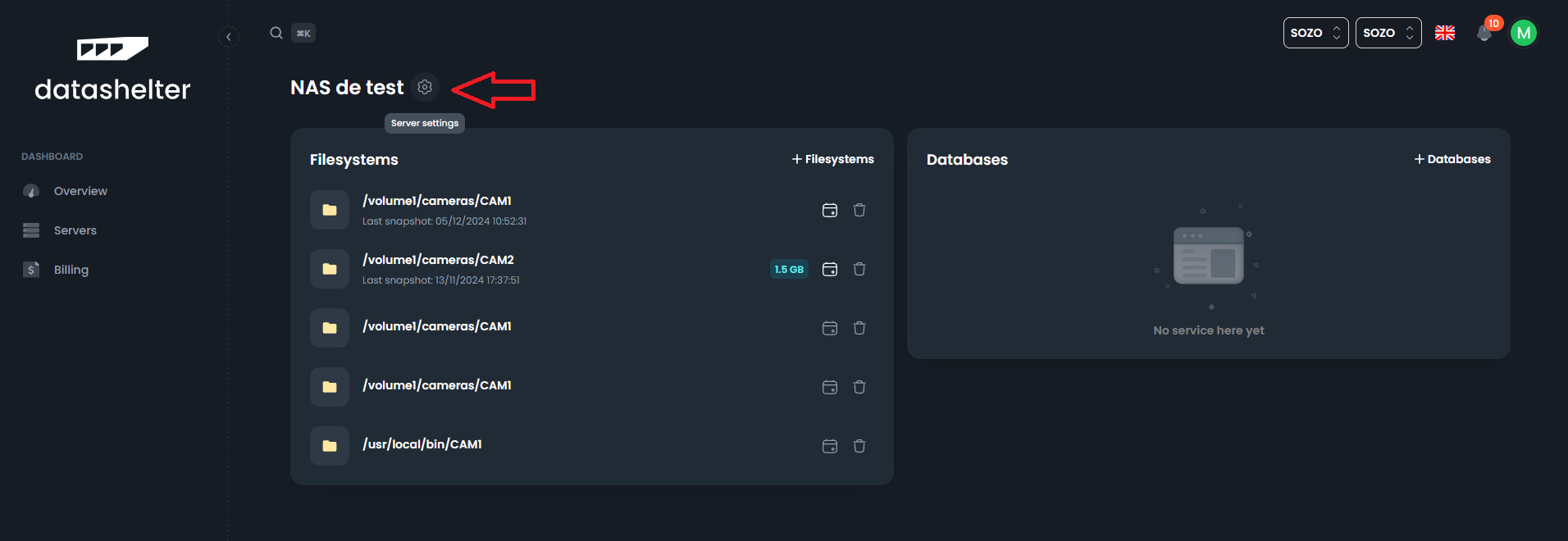 Dashboard server settings